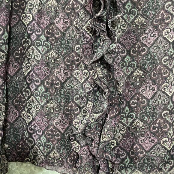 Axcess Purple Paisley Semi Sheer Ruffle Front Blouse - Size 12 - Long Sleeve Top - Picture 3 of 7
